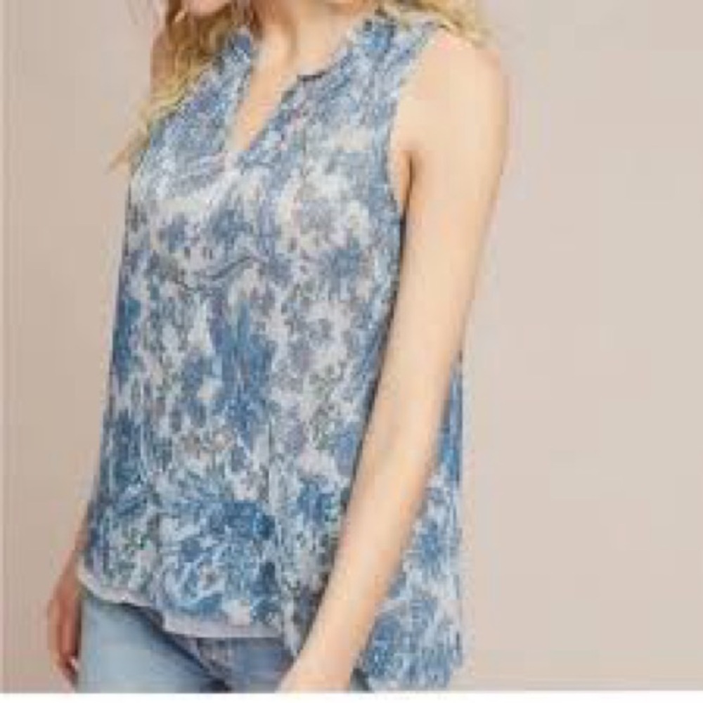 Anthropologie Vanessa Virginia Floral Tank Top Metallic Blue Size medium